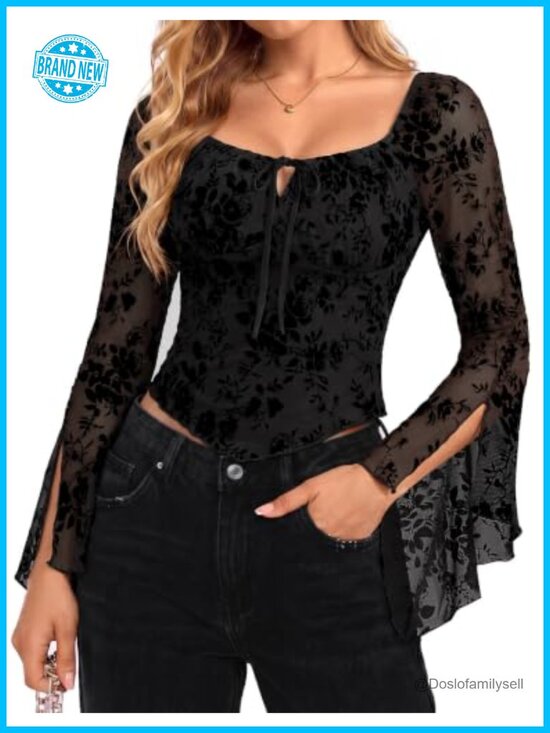 Lace Bell Long Sleeve Sheer Mesh Blouse Fitted Cro — photo 1 of 1